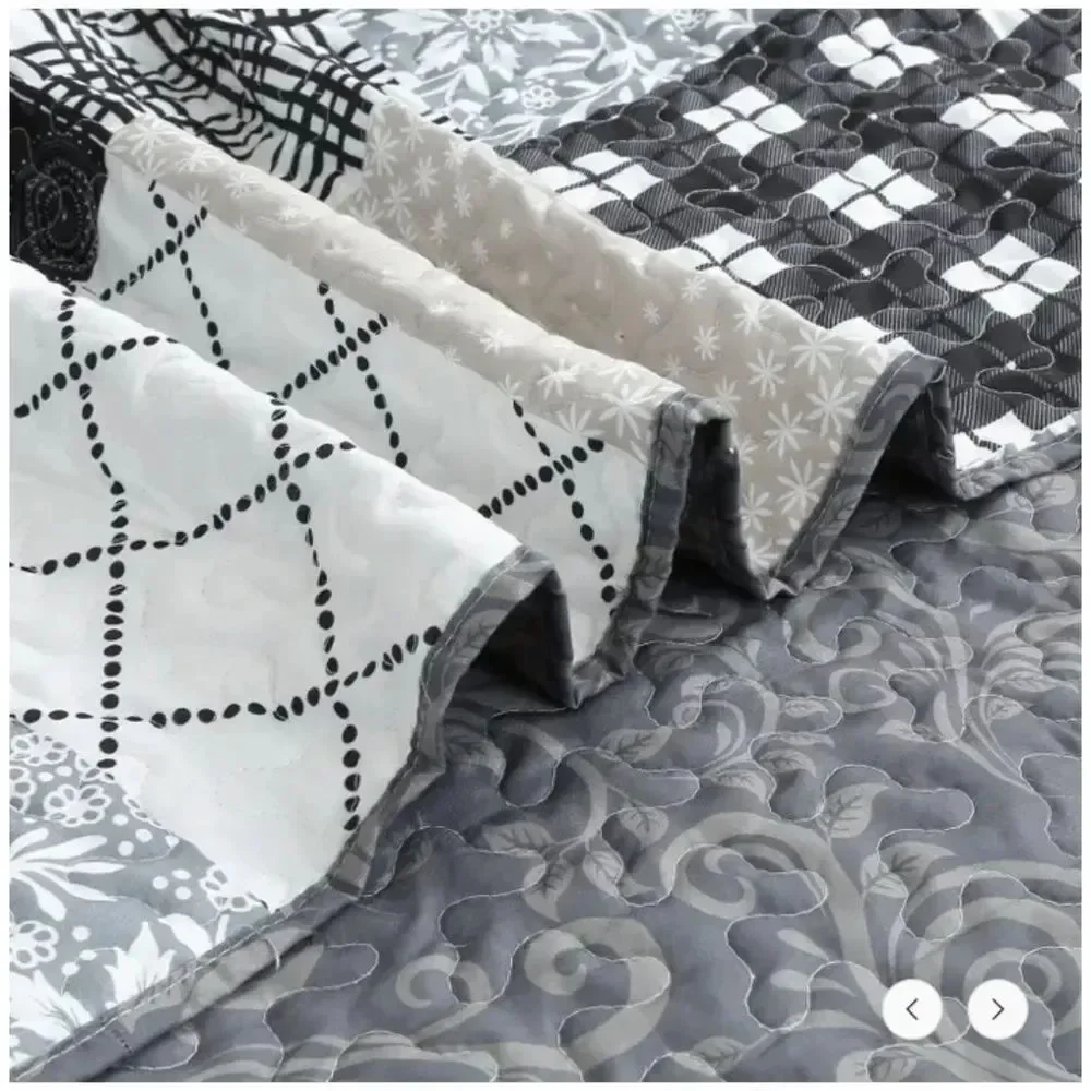 Paisley Patchwork Black Grey Printed Quilted Reversible Throw Blanket Farmhouse